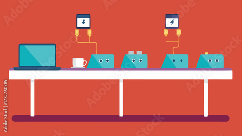 A long counter with outlets for charging devices and setting up laptops.