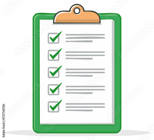 Green clipboard with a completed checklist and five green checkmarks on white paper