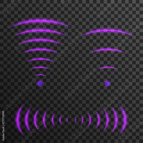 Purple abstract luminous effect with circular waves, Wi-Fi signal and radio frequency look. Concentric glowing circles with reflection for background, banners, posters and tech illustrations.
