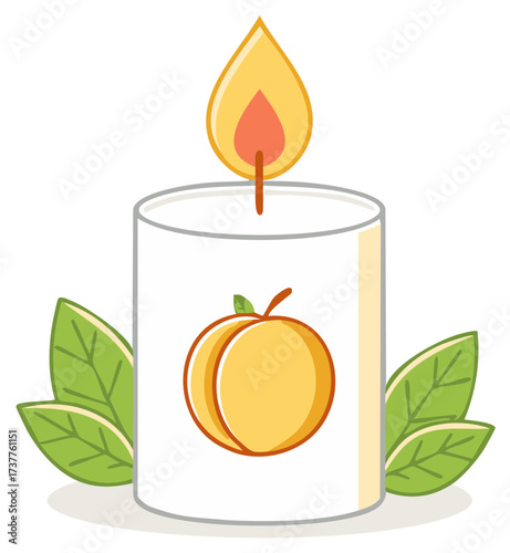 Burning candle with peach illustration, leaves, and flame for aromatherapy and fragrance
