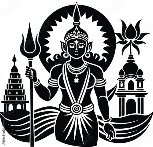 Vector illustration of the Hindu god Ganesha at a temple, featuring Asian architecture and a religion symbol design