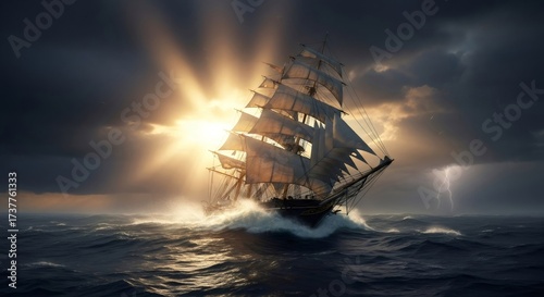 Historical sailing ship navigating a stormy sea with sun rays and lightning. Vintage tall ship sailing through rough ocean waves.