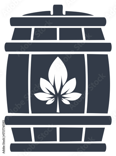 Brewery barrel graphic with hop leaf, keg design for ale or beer production, vintage distillery oak wood container icon