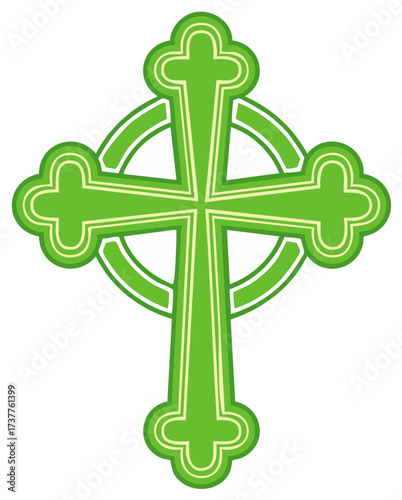 Green Celtic Cross Symbol with Circle Outline and Double Border