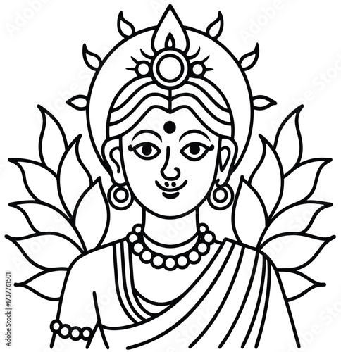 Young woman's face vector illustration or drawing of a girl with a flower, a wreath, and a tattoo, showing a vibrant smile