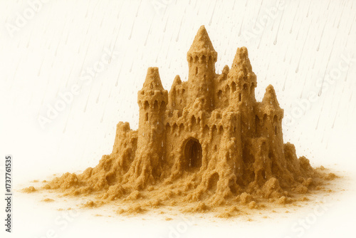 A sand castle crumbling in the rain. Space for text.