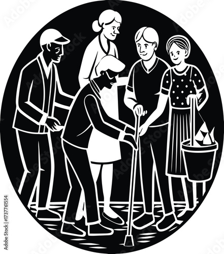 Old couple and family silhouette vector sketch illustration