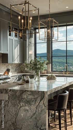 Modern kitchen interior, spacious new construction family home. Dark cabinets, large kitchen island marble, bar stools. Black hardwood floor, pendant lighting, window covering. Vertical video reels