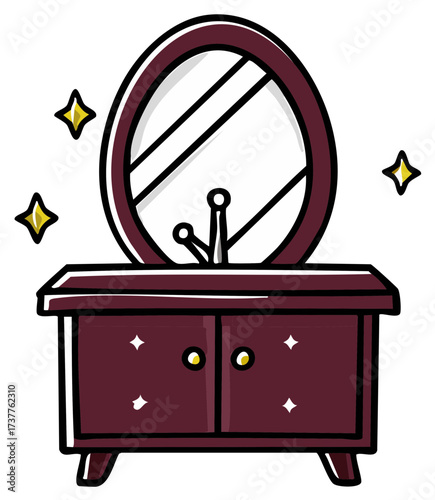Hand Drawn Cartoon Wood Vanity with Mirror and Sparkling Stars Illustration