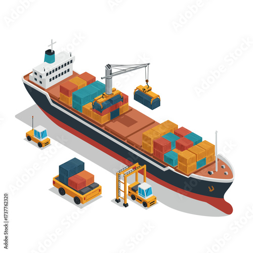 Vector art of isometric cargo ship with containers and loading equipment