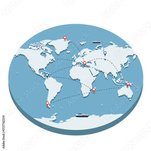 Vector art of worldwide logistics network with cargo ships and destination points
