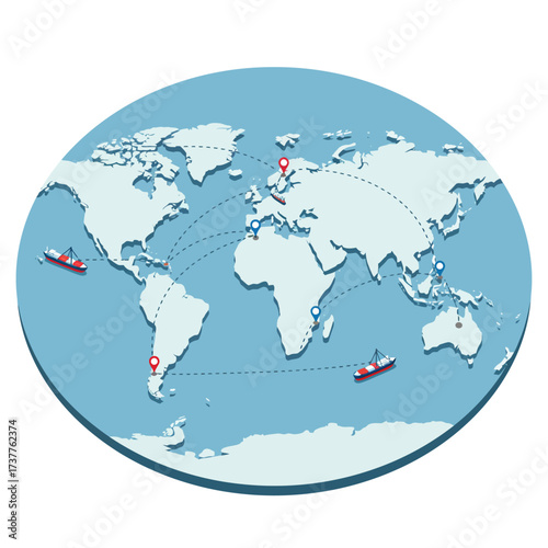 Vector art of global logistics network with cargo ships and destination points