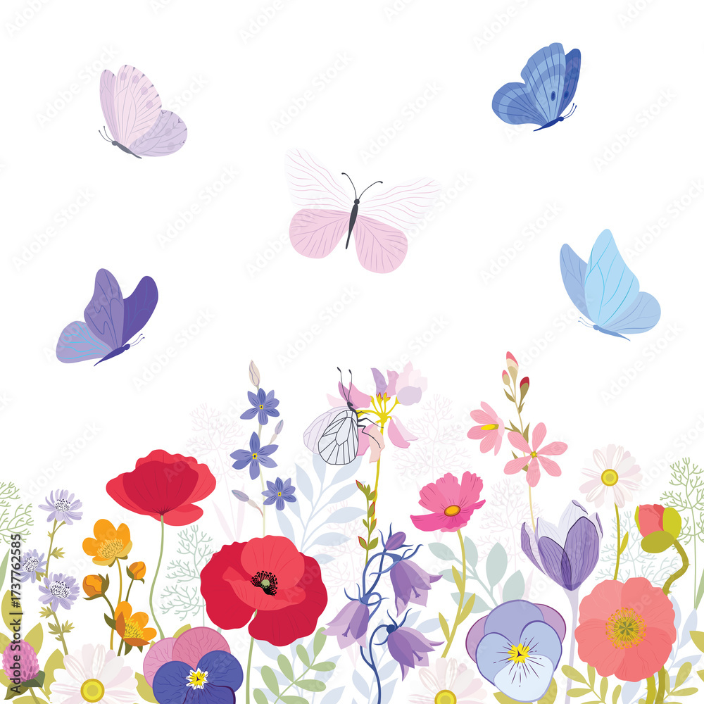 Obraz premium Summer meadow pattern. Poppy flowers. Pink, red, blue, green colors. Flower illustrations, summer field, butterflies. Herbal decoration, romantic wildflowers, kitchen towel, tablecloth, dress for girl
