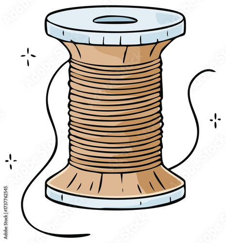 Simple cartoon drawing of a beige spool of thread for sewing and haberdashery