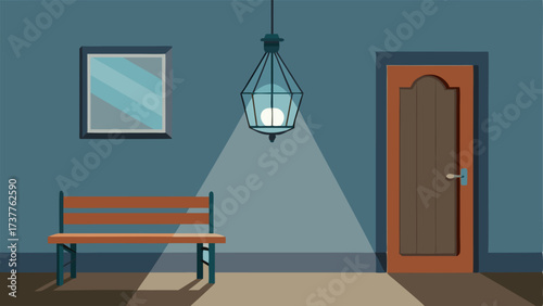A hallway with a galvanized metal pendant light a wooden bench and a vintage framed wall mirror.