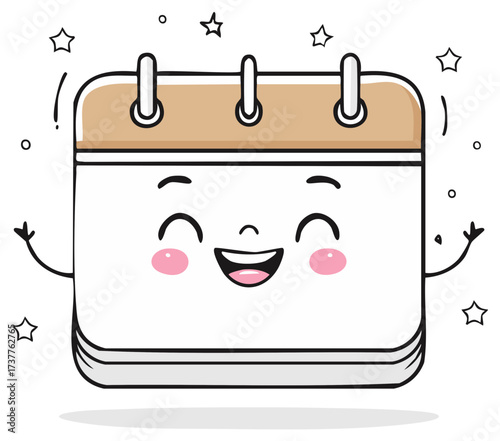 A cute cartoon calendar character with a happy smiling face celebrating a special event or deadline