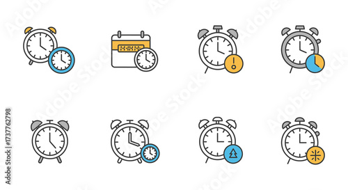 Collection of colorful time related icons with clocks and calendars