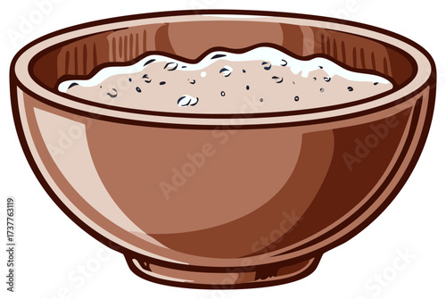 Simple cartoon illustration of a brown ceramic bowl full of steamed rice