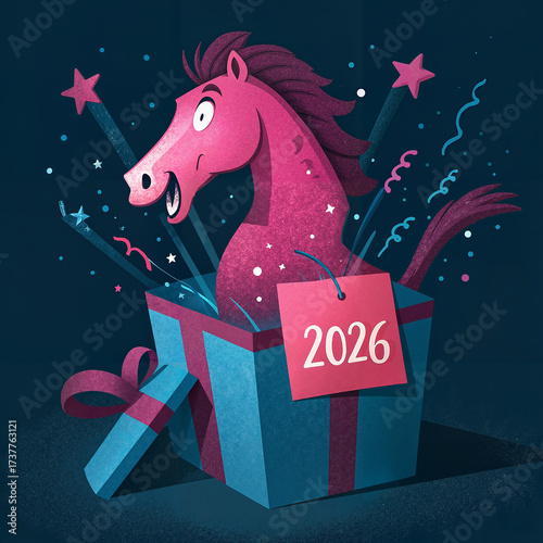 Stylized Pink Horse Character Joyfully Emerging from Gift Box for 2026 Celebration with Confetti and Stars on Dark Blue Background with Copy Space