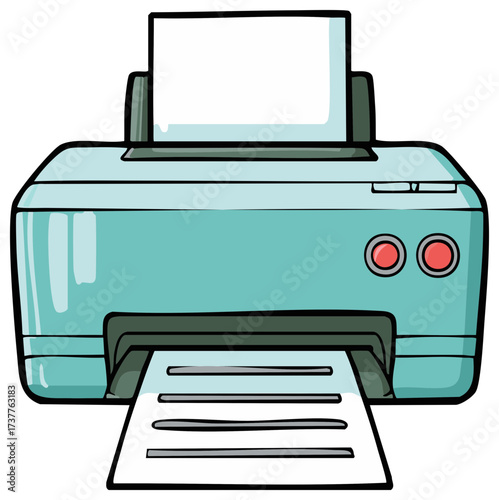 Illustration of a teal printer with a blank page output