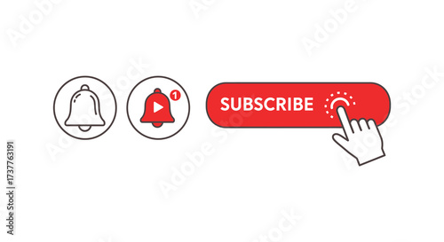 Youtube subscribe button with notification bell and hand clicking icon