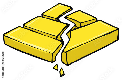 Cracked block diagram with breaking and falling yellow bars with black outlines