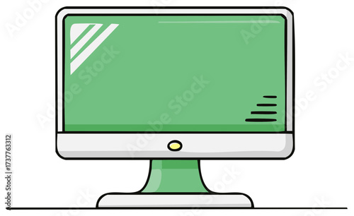 Cartoon illustration of a desktop computer with a green screen and a modern design