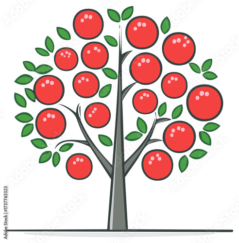 Stylized Tree with Red Round Fruit and Green Leaves against White Background