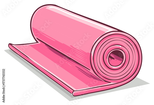 Pink yoga mat, rolled and partially unrolled, illustration for fitness and exercise, health and wellness