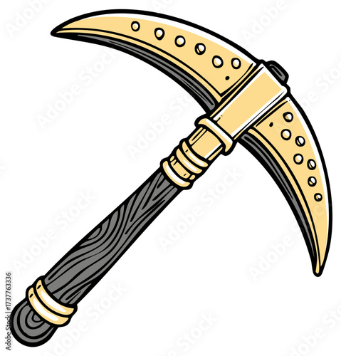 Cartoon illustration of a pickaxe in yellow and gray, for mining or digging activities.