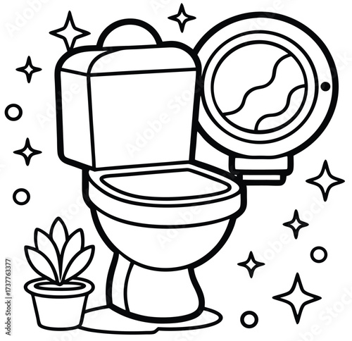 Vector illustration of a clean white ceramic toilet bowl with a seat and toilet paper for bathroom hygiene