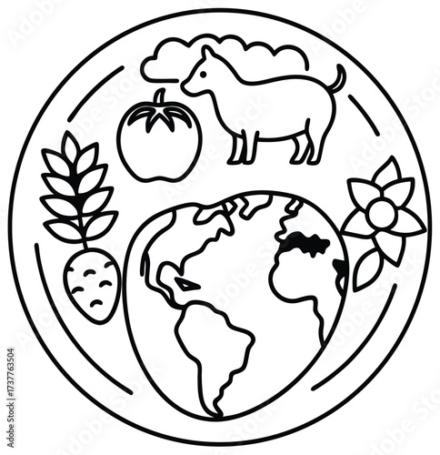 Vector cartoon illustration of a healthy food globe design, featuring a planet or earth map with fresh green leaf and fruit symbols