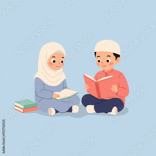 Happy Muslim Children Reading Books Together, Promoting Islamic Education