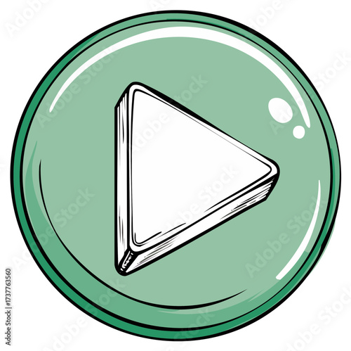 Cartoon illustration of a glossy green play button icon with a white triangle symbol