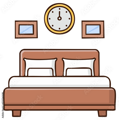 Cartoon Bedroom Scene with Bed, Pillows, Clock and Picture Frames Depicting a Cozy and Comfortable Rest