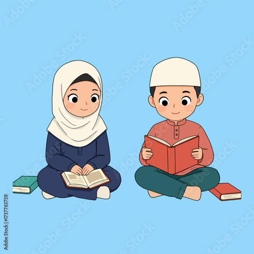 Happy Muslim Children Reading Books, Islamic Education and Learning Concept