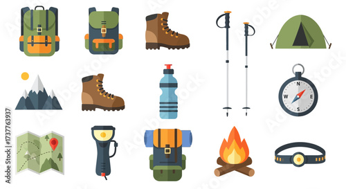 Collection of Hiking and Camping Gear Essentials for Outdoor Adventures.
