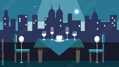 A minimalist dining table set with shiny metallic lery and crystal glasses reflecting the lights of the city below.