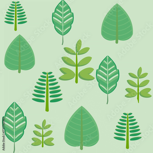 Seamless pattern of various leaves in shades of green on a green background