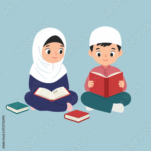 Joyful Muslim Children Reading Books Together Islamic Education