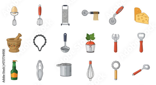 Collection of Kitchen Utensils for Cooking and Food Preparation.