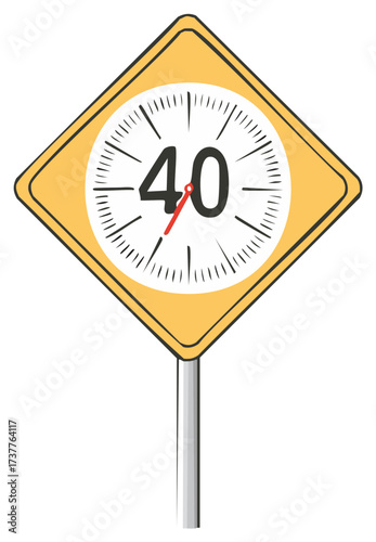 Speed Limit Sign Illustration: Yellow Diamond with Forty Number, Red Needle, Black Clock Lines