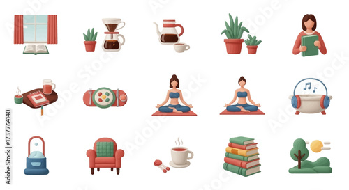 Collection of lifestyle elements depicting relaxation and leisure activities.