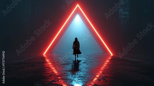 A person walking away from a glowing neon triangle in a dark surreal environment.