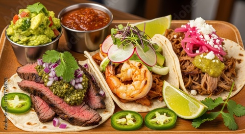 Delicious assortment of freshly prepared tacos with vibrant ingredients, featuring grilled steak, succulent shrimp, and shredded meat, accompanied by guacamole, salsa, lime wedges, and garnishes,...