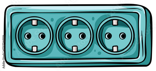 Cartoon illustration of a teal triple electrical socket power strip