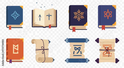 Collection of Magical Books and Scrolls with Mystical Symbols.