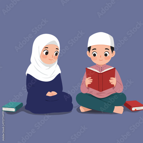 Happy Muslim Children Reading Books, Islamic Education and Learning Illustration