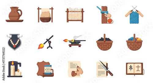 Collection of medieval craft tools and items for historical illustration.