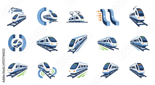 Collection of Modern High-Speed Train Icons for Transportation Design.